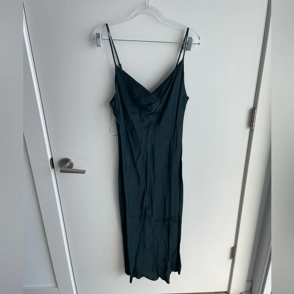 zara green cowl neck dress Zara Dress Womens Small Green Strappy Slip Midi Cowl Neck Satin Party  Evening